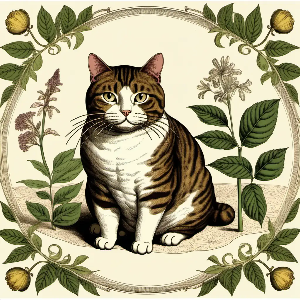 please, create a fat cat on a mat, in an antique botanical drawing style