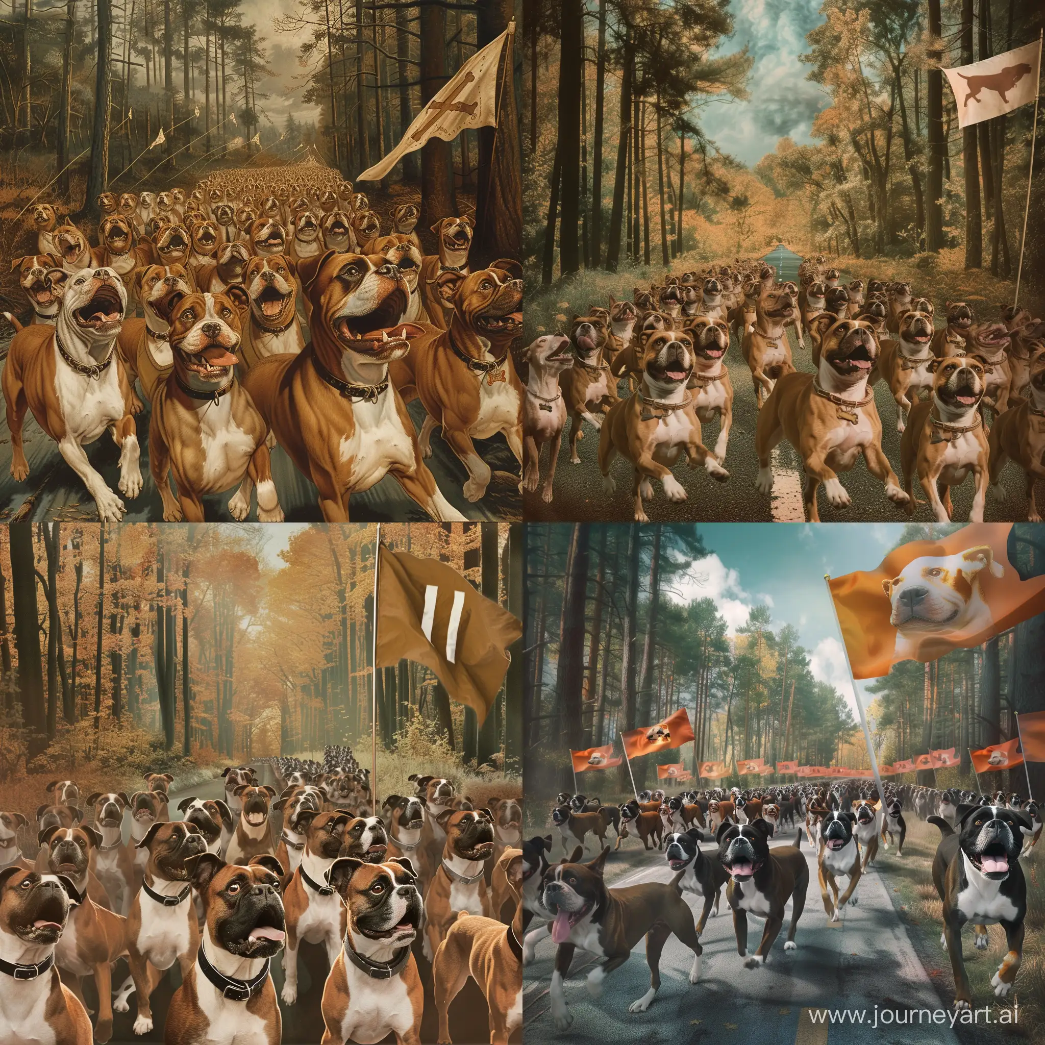 an army of boxerdogs, proud and happy, marching through a road in the woods, barking and singing, with a flagweaving in the air representating an version of a boxerdog
