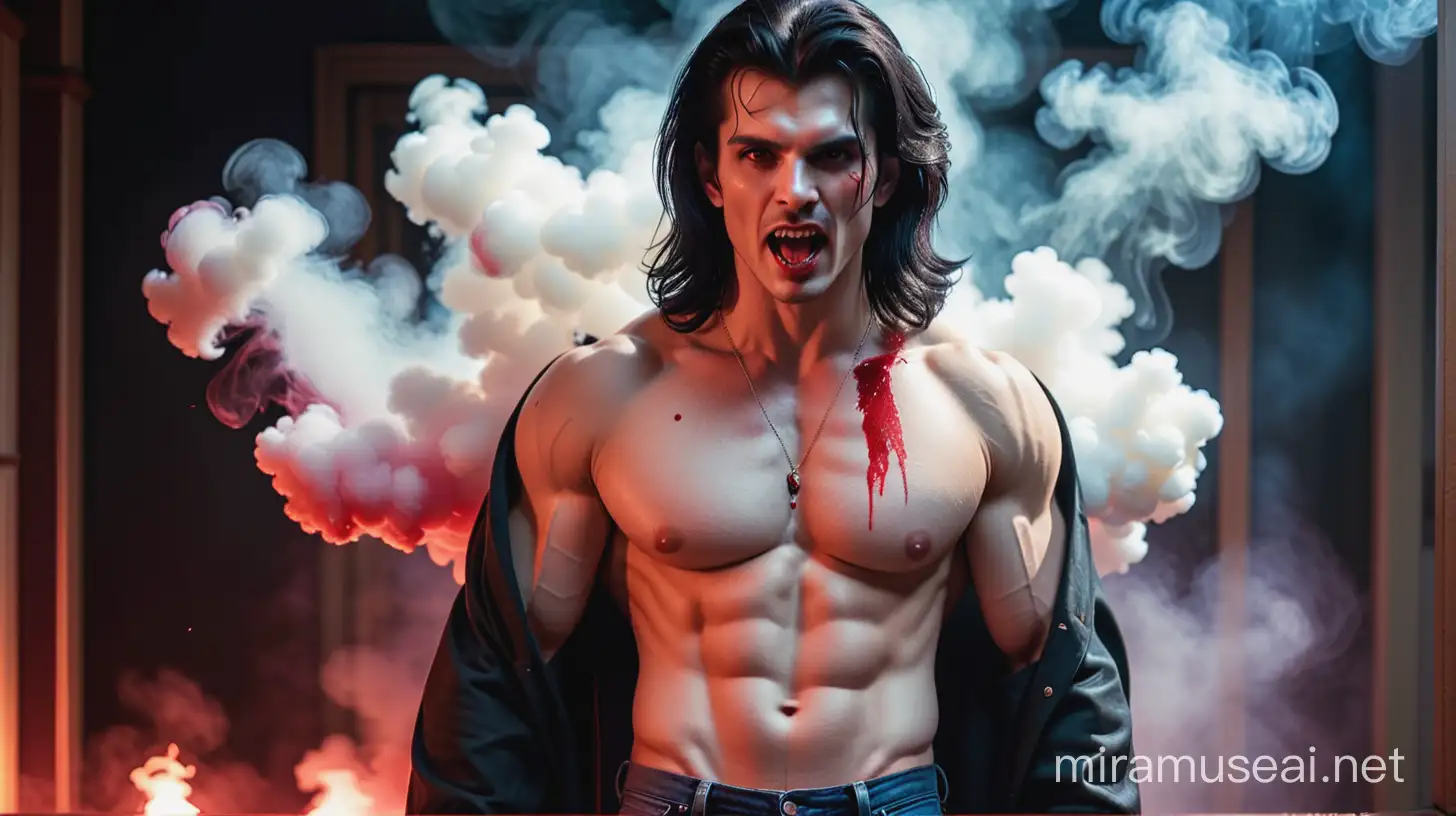 Sexy male erotic gay vampire, beefy, hunky, black mullet hairstyle, fangs, blood, wearing only 80's jeans, scary movie, horror movie vibe, red smoke, cinematic scene.