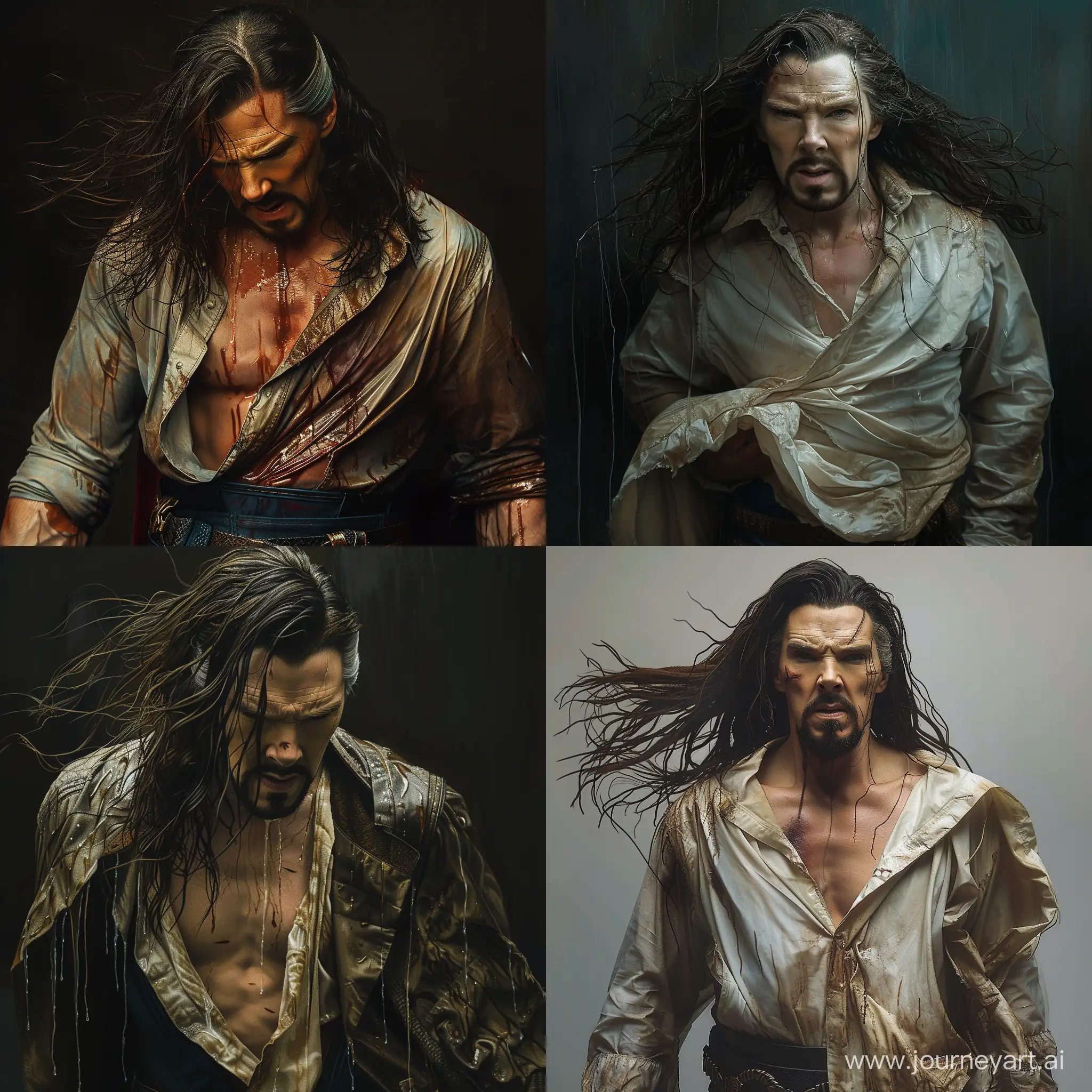 An ultra realistic picture of Doctor Strange with long hair. His shirt is torn. His shirt is open, wet.