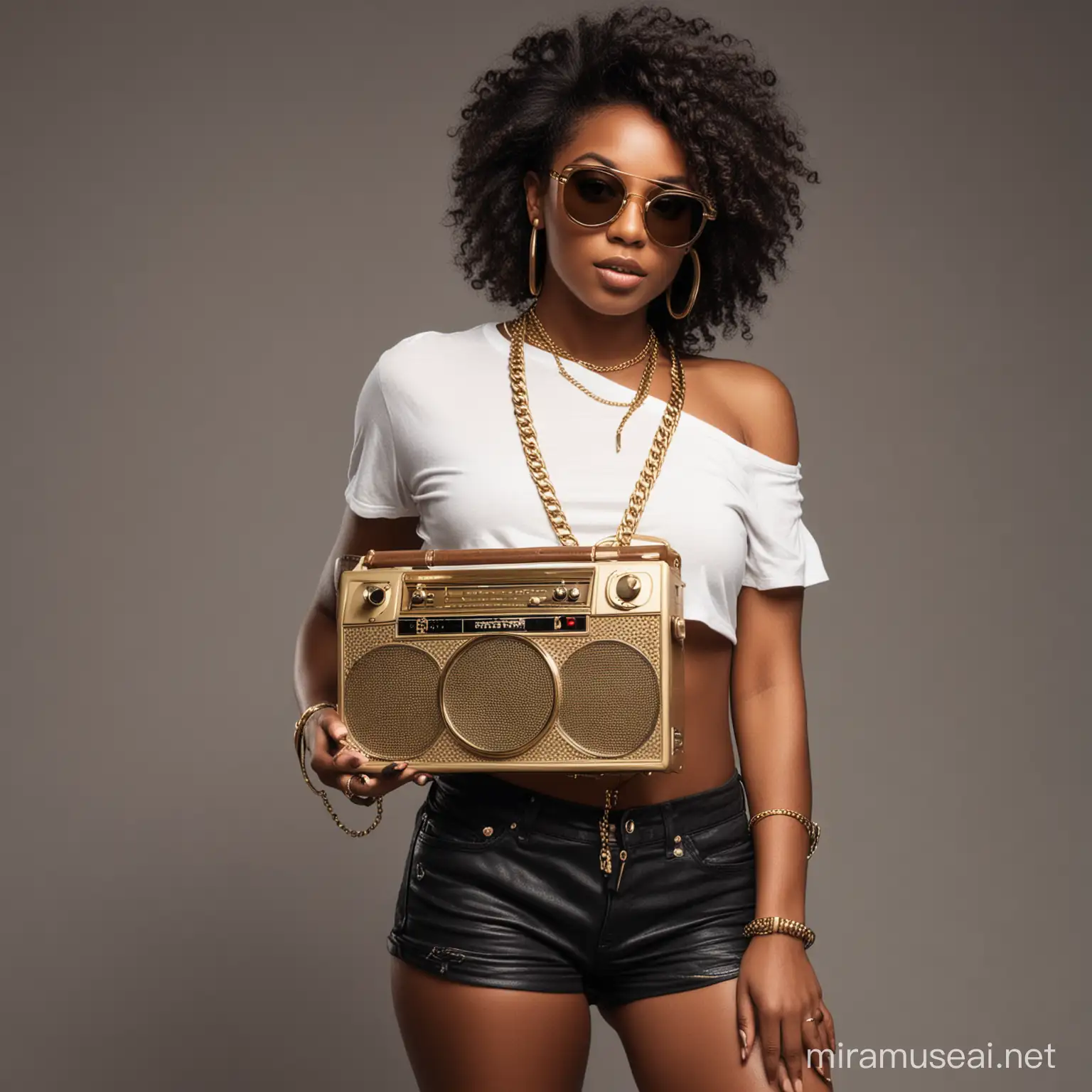 A dark skin female dj, cropped top, bomshorts, holding a big vintage radio on her shoulder, dark shades glasses, swag, gold chain, full body view