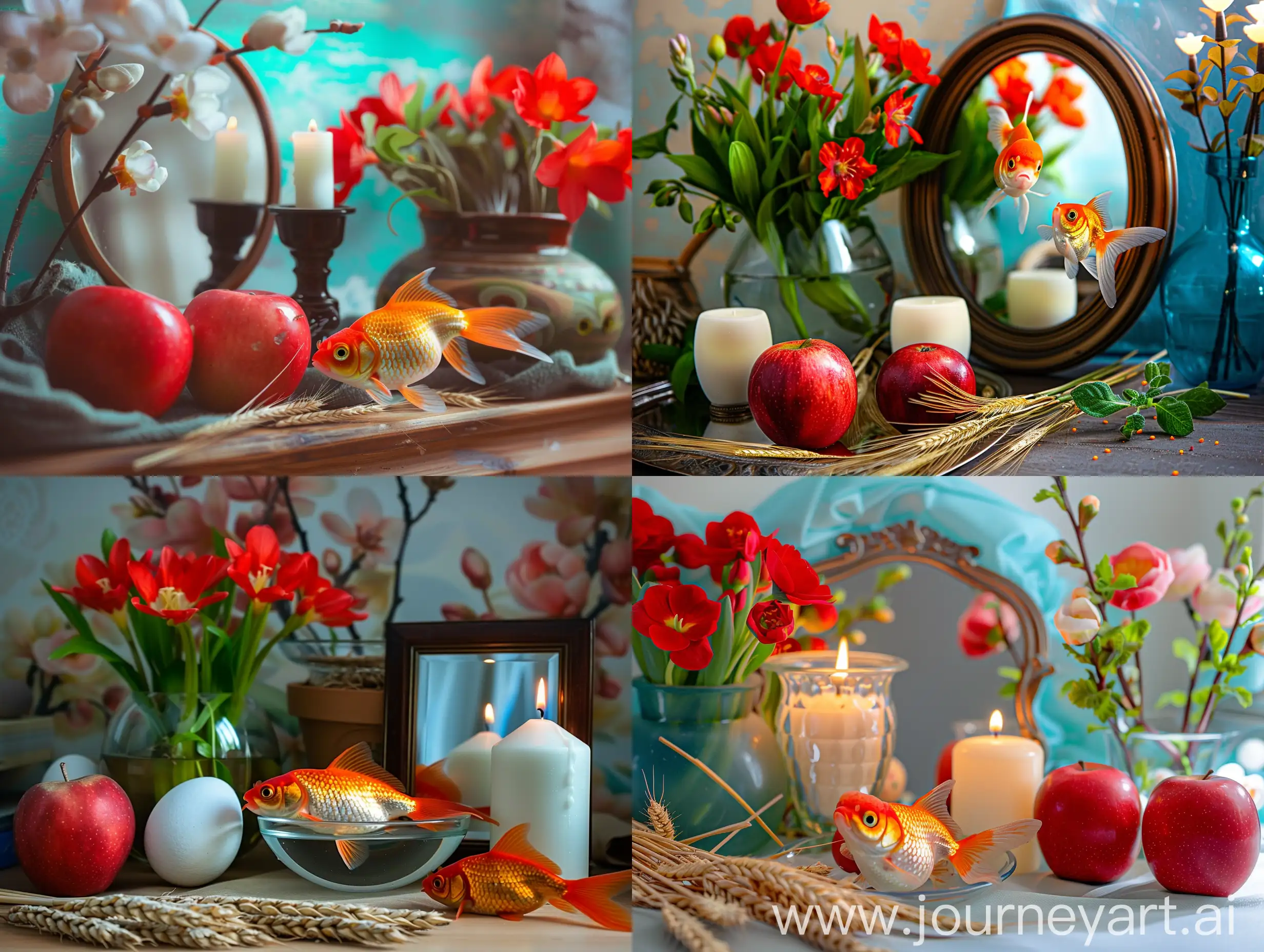 traditional nowruz. one goldfish in a water bowl. Easter eggs, red apples, Spring flowers and sprouted wheat, mirror and two candles, abstract, 8k
