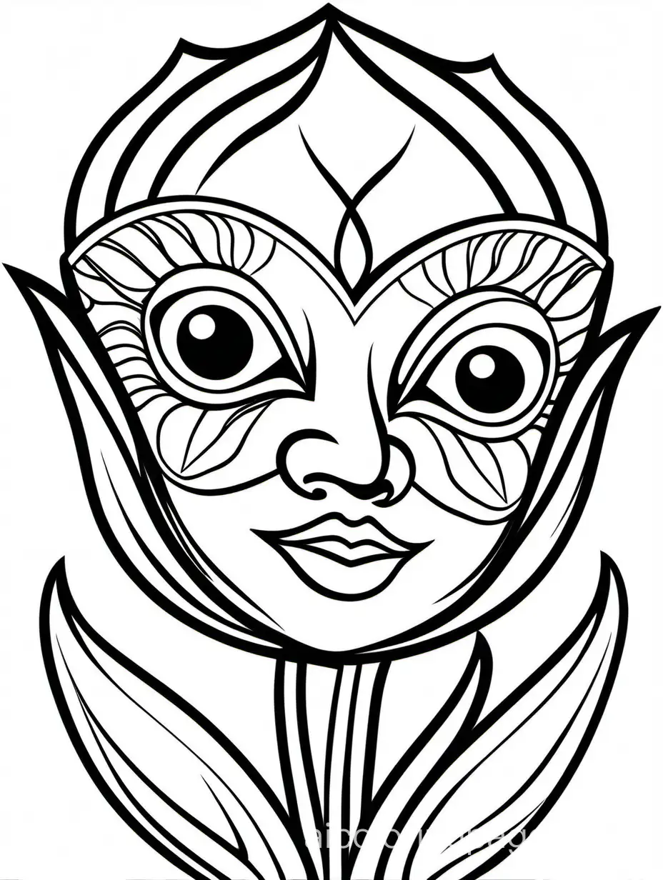 carnival face mask tulip with eyes, Coloring Page, black and white, line art, white background, Simplicity, Ample White Space. The background of the coloring page is plain white to make it easy for young children to color within the lines. The outlines of all the subjects are easy to distinguish, making it simple for kids to color without too much difficulty