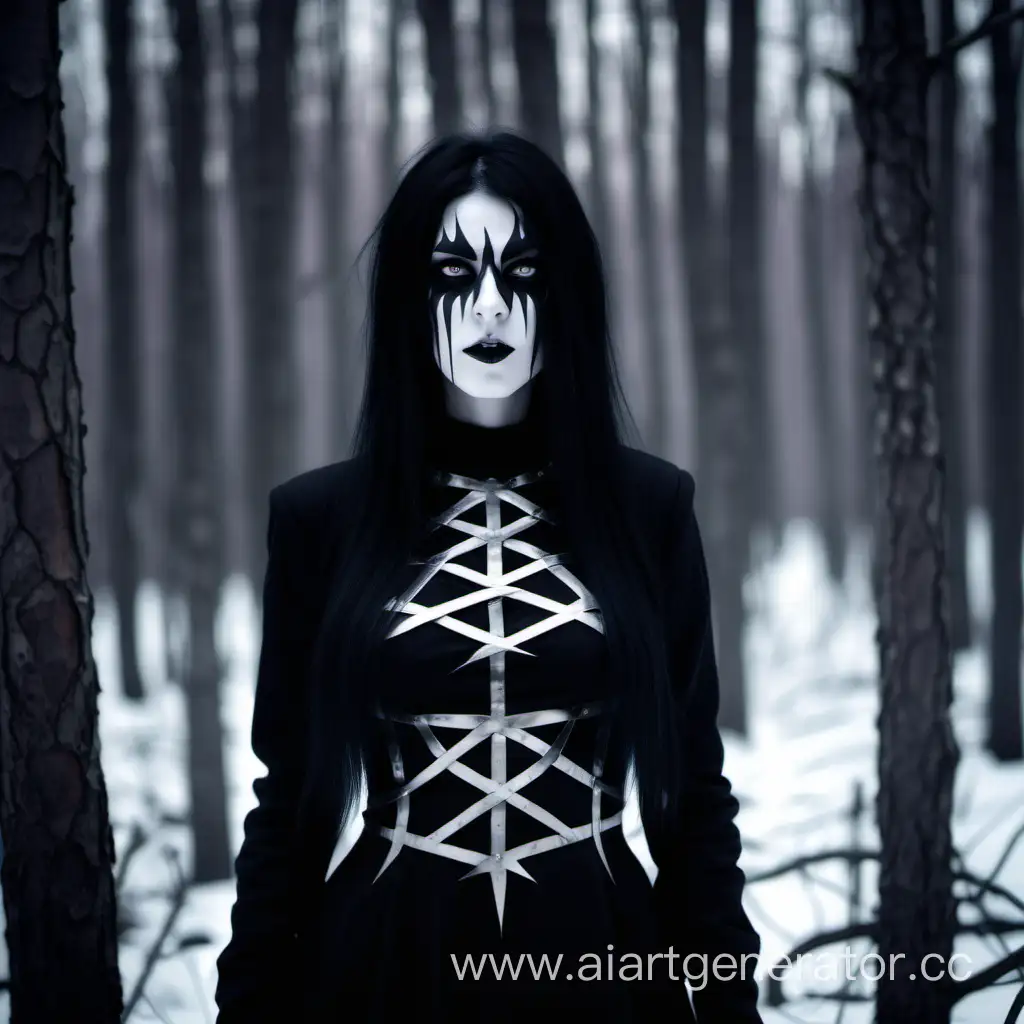 Black metal girl photoshoot in a dark winter forest