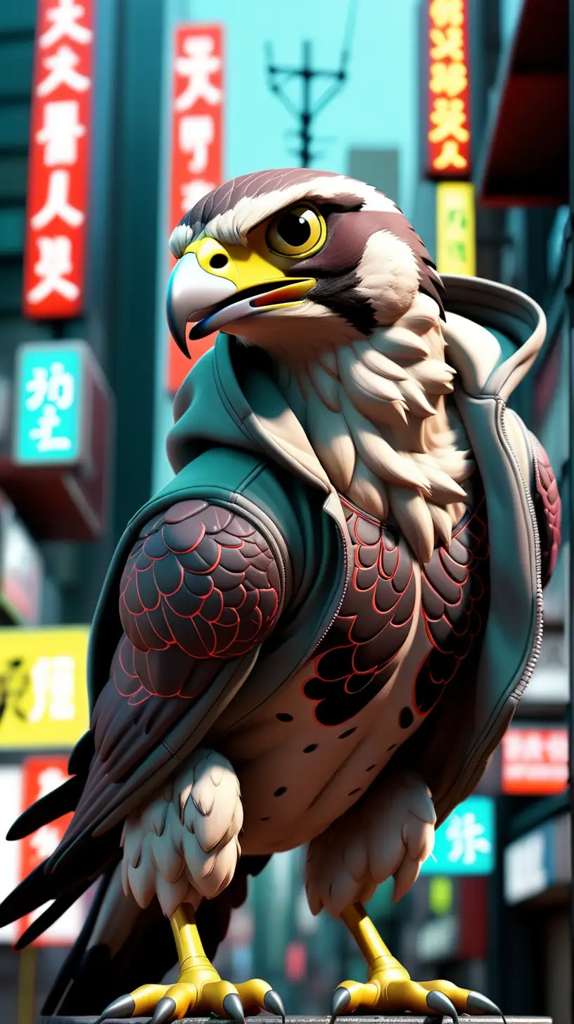 Falcon and havic birds, photorealistic, aggressive look, posing on steriode, big city like Tokio neon signs, cinematic, give him a hoodie
