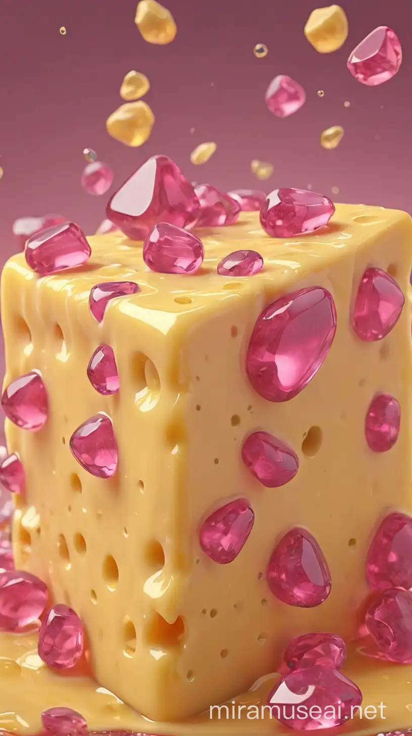 liquid yummy yellow cheese with sparkly pink gemstones, vibrant dreamy color, C4D rendering, glass texture, HD detail --v 6.0 
