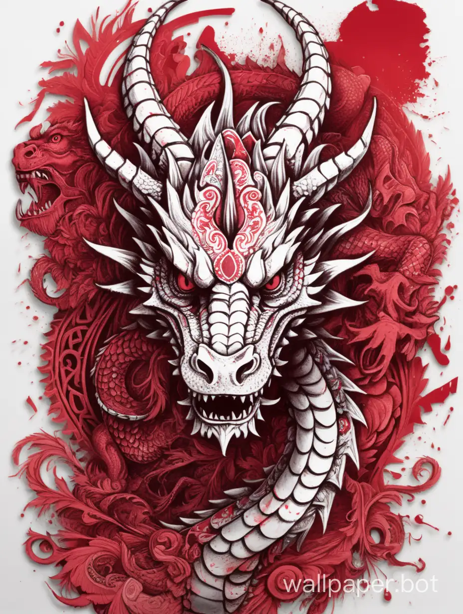 Bohemian front head of dragon, chaotic high contrast drip ink,  red details, chaotic torn paper, ornate detailed illustration, octane render,  sticker style, 