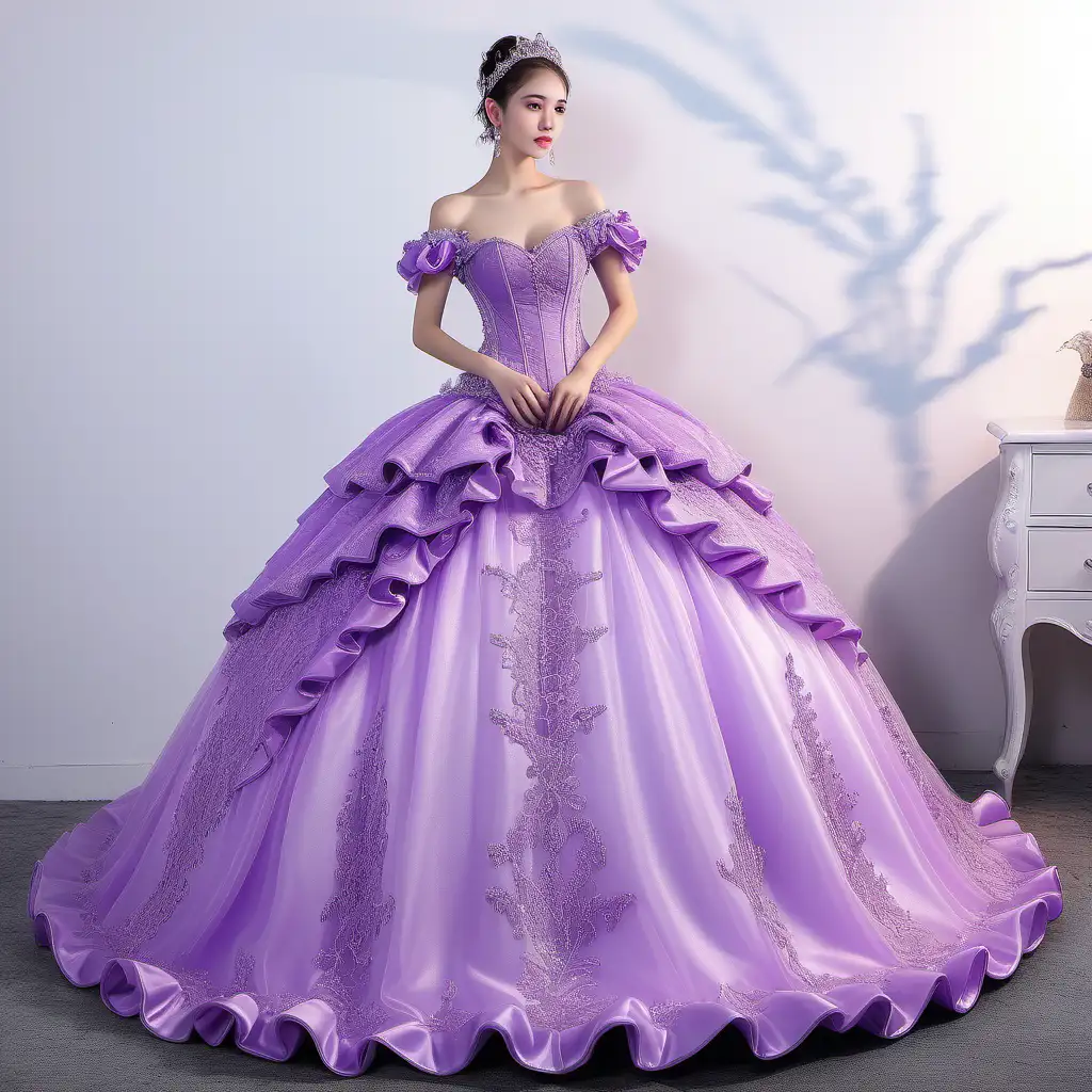 Beautiful woman purple corset quinceanera dress with  puffy big details around shoulder made in a beaded lace fabric