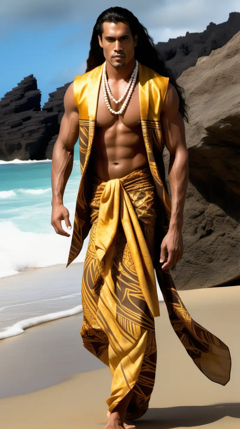 Realistic handsome Polynesian male model with long hair and toned body wearing a Polynesian designs dark yellow suit vest with a long sarong walking on the beach near the rocks showing a full body shot from the top of his head to his feet.