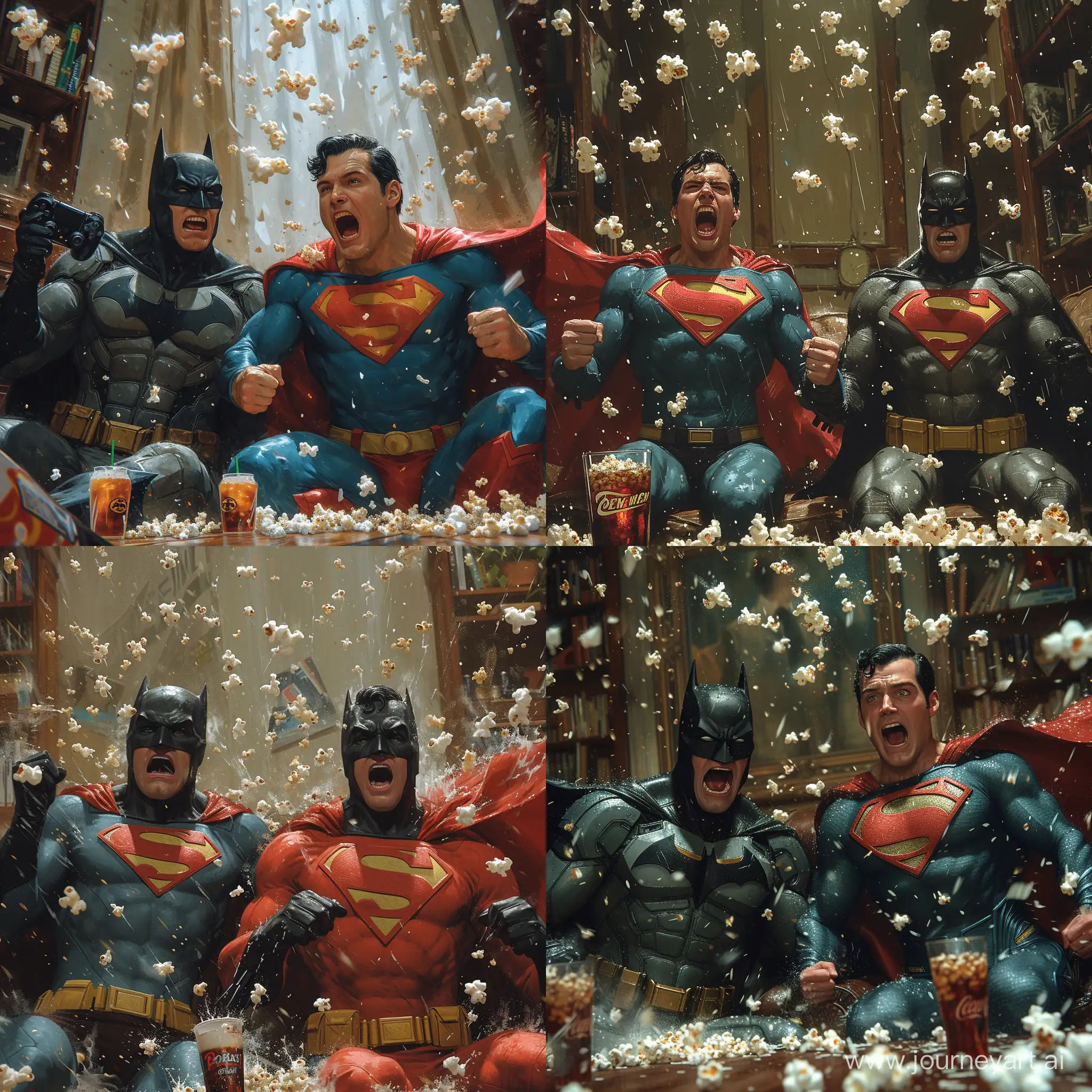 Superman-and-Batman-Gaming-Chaos-Dynamic-Duo-in-Action-with-Popcorn-Showers