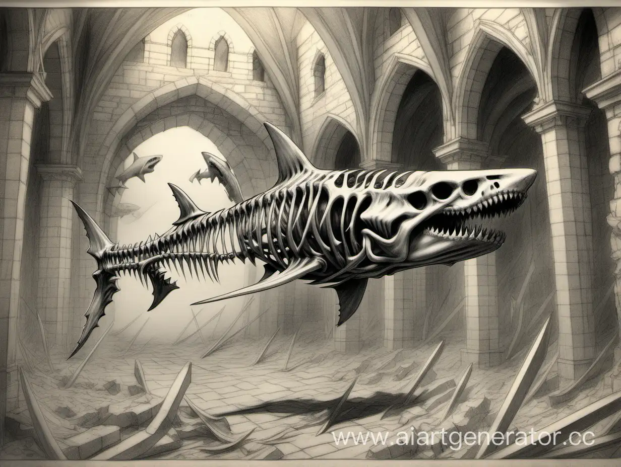 Акула скелетная в замке бой скелетов рисунок карандашом