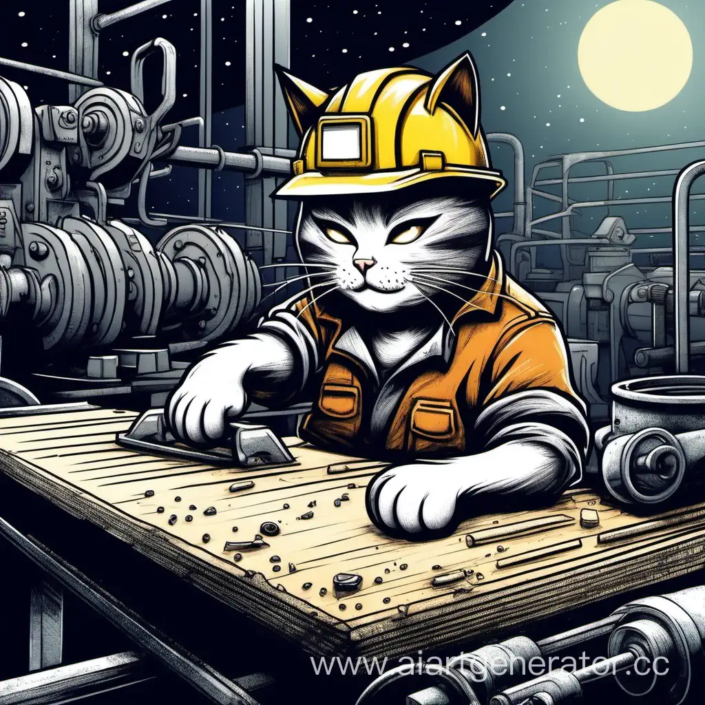 Нарисованный 2D кот грязный уставший тяжело работает на заводе в строительной каске у токарного станка ночью