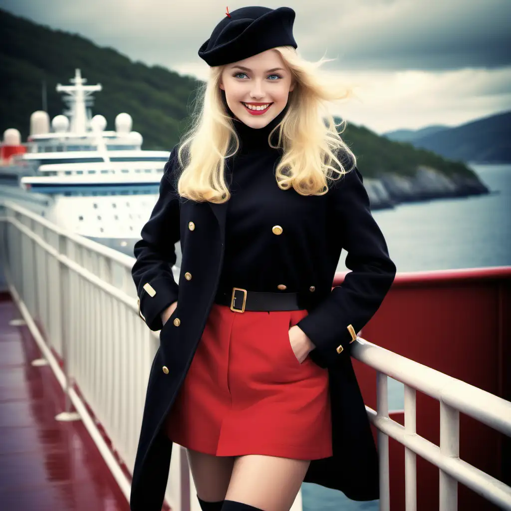 subject: smiling, friendly looking flawless blonde nordic beauty. age 22, long blonde hair, hidden under a black beret costume : black woollen turtleneck , red shorts , yellow tight length socks , black hiking shoes action :being observed by female spy in trench coat.  book cover for a suspenseful spy novel 
background : spy story on a luxury cruise ship 