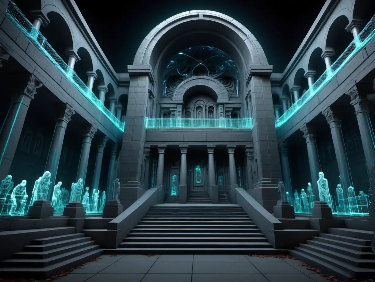 outside exterior of a crypt in a cemetery. modern holographic. very large. double height. a lot of stairs. very intricately and microscopically detailed.