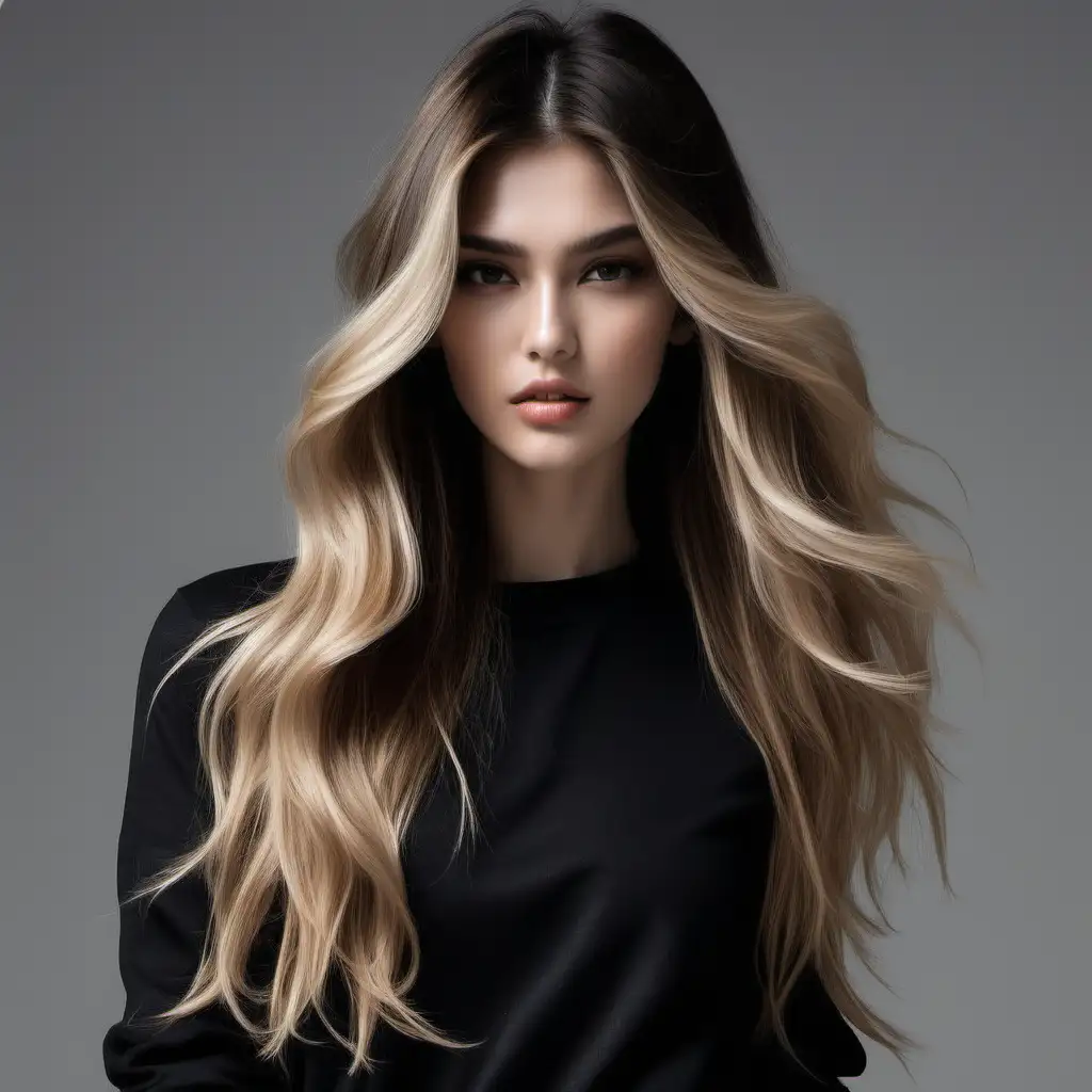 give me a model with beautiful long balayage hair, make her wear black clothing, make the background be neutral
