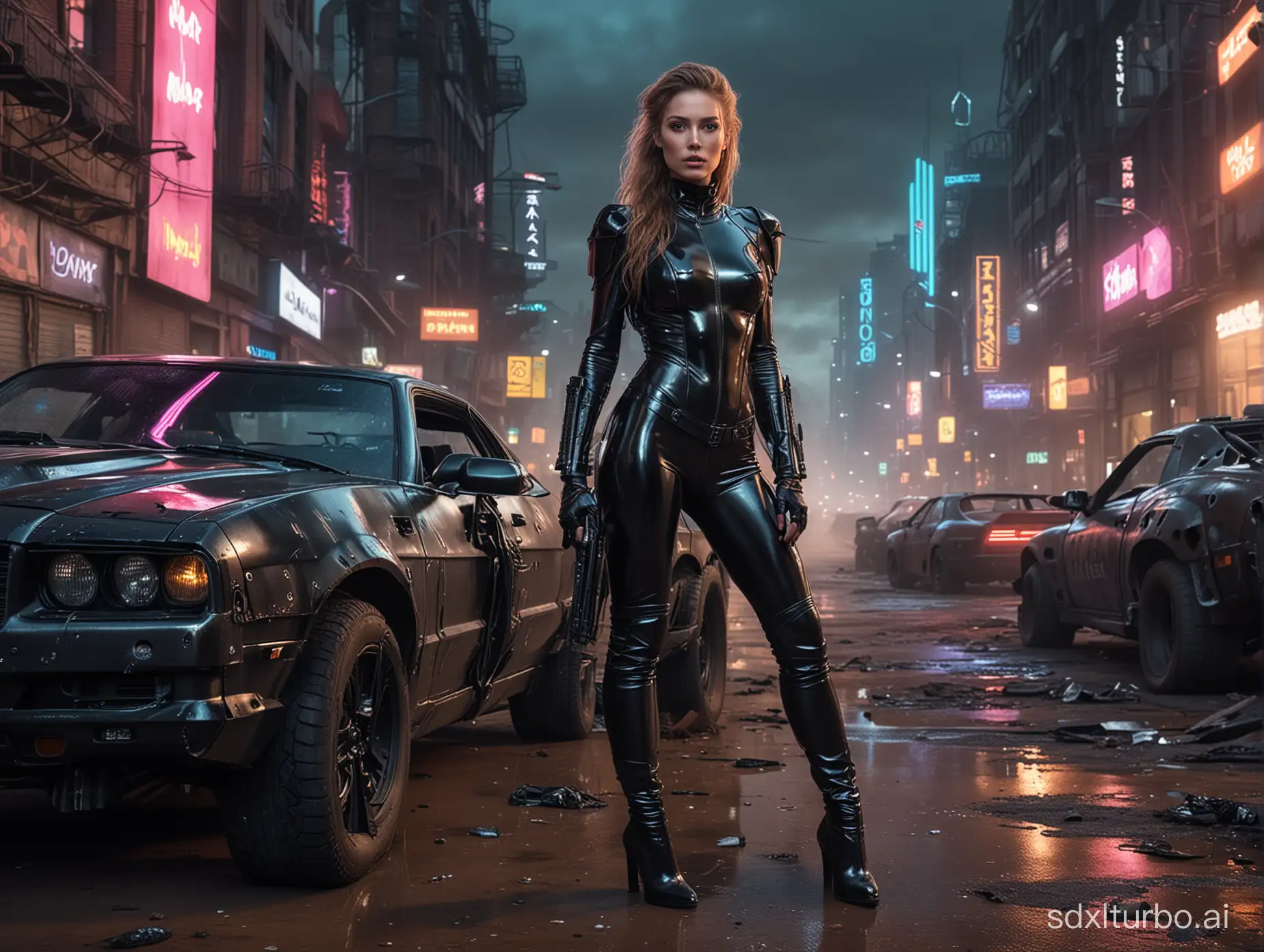 realistic hd photo , cyberpunk police Alyssa Sutherland standing , wearing black low-cut shinny pvc catsuit , wearing long shiny pvc gloves , wearing shinny pvc thigh high boots , in cyberpunk destroyed city with mad max car , inlighted by neons ,