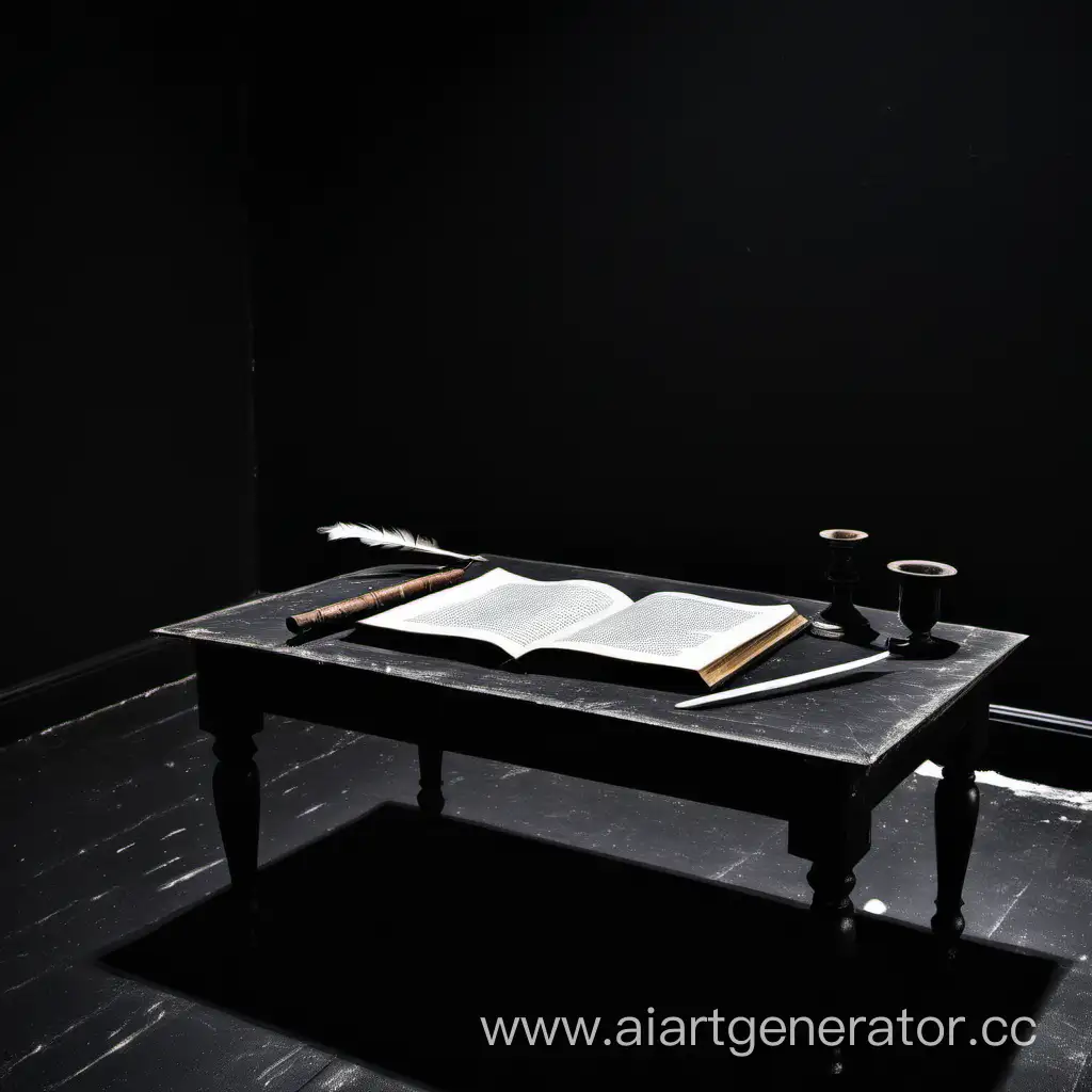 Enigmatic-Table-Setting-with-Book-and-Quill-in-Black-Room
