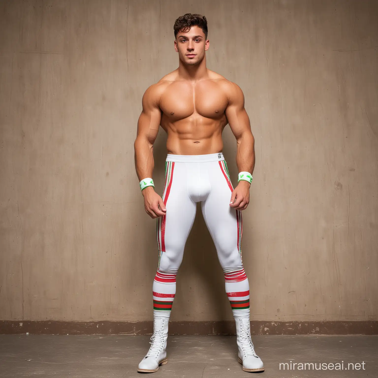 Handsome shirtless 22 year old Italian male wrestler, with short side fringed brunette hair, olive skin and hazel eyes, wearing long white spandex leggings with red, white and green stripes at each side , kneepads, boots, and wristbands,in cartoon network style