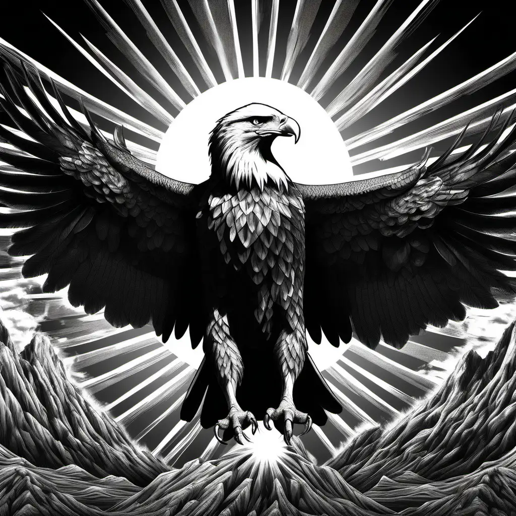 powerful eagle in front of the sun isolate, in black and white, detailed 