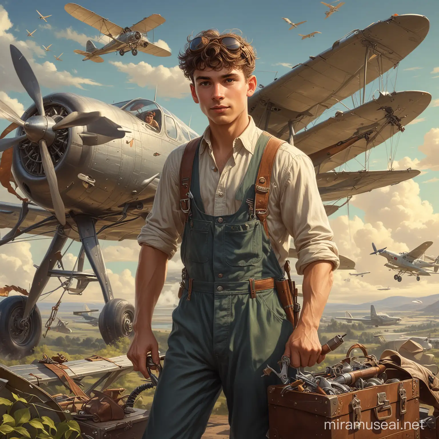 Art nouveau style, handsome young aircraft mechanic, airplane gremlin stealing tools, working, magical world, aviation