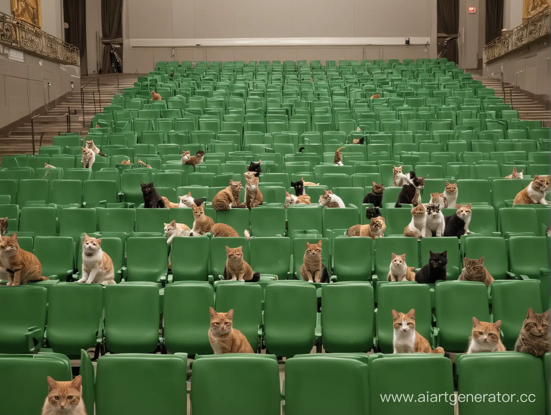 концертный зал с зелеными креслами в котором все кресла заняты котами

