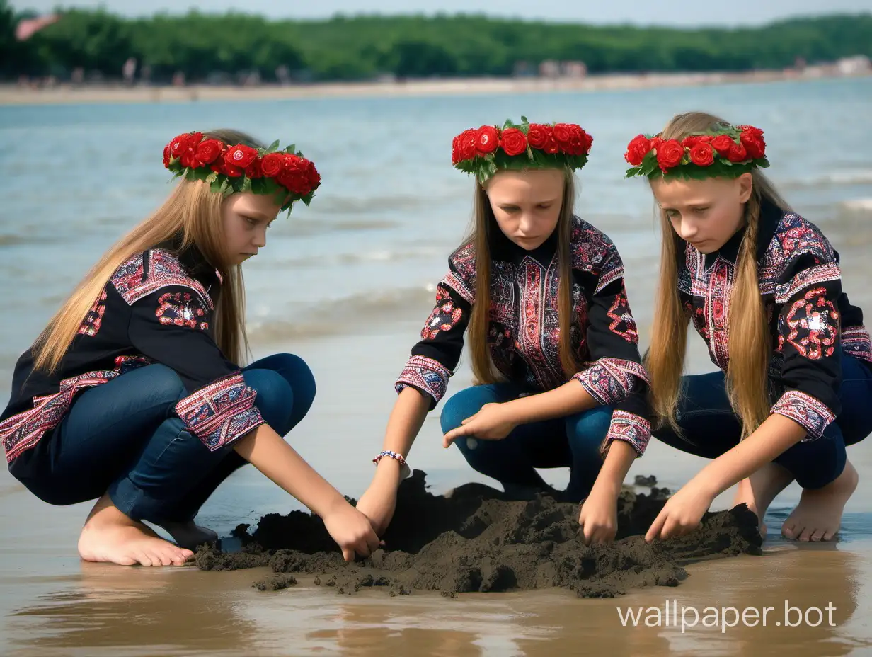Girls from Ukraine, 12 years old, in embroidered shirts with wreaths on their heads, are digging the Black Sea