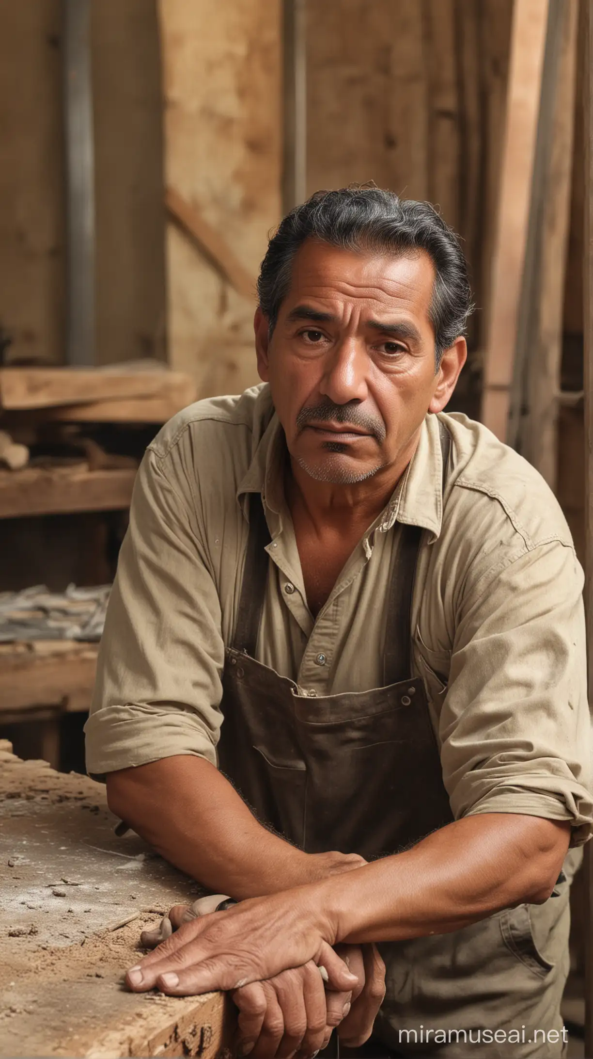 sad 55 year old hispanic man in dusty wood workshop