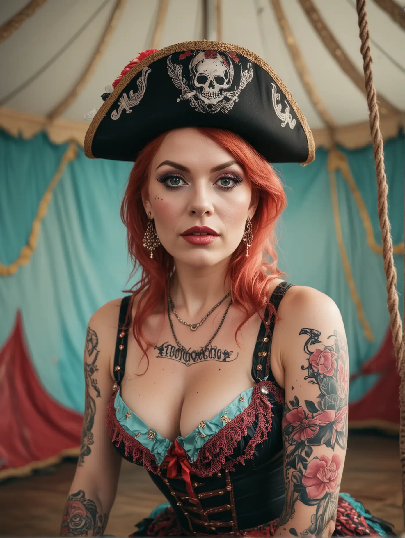 close up portrait, highly detailed, circus, in the style of whimsical yet eerie symbolism, American 1960's circus, light cyan and pink palette, close up portraiture, mature well built busty, Columbian female acrobat with long red hair, wearing a pirate themed outfit, pirate hat, leotard and tutu, covered in tattoos, sitting on a trapeze swing, inside a circus tent, nature-inspired pieces, circus costumes, ultra details