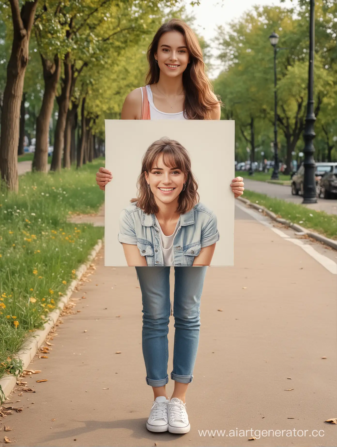 A happy, beautiful adult girl in sneakers holds a portrait on canvas in her hands. Full-length. realistic. High definition. The exact drawing of the hands. High quality. on the street in the park