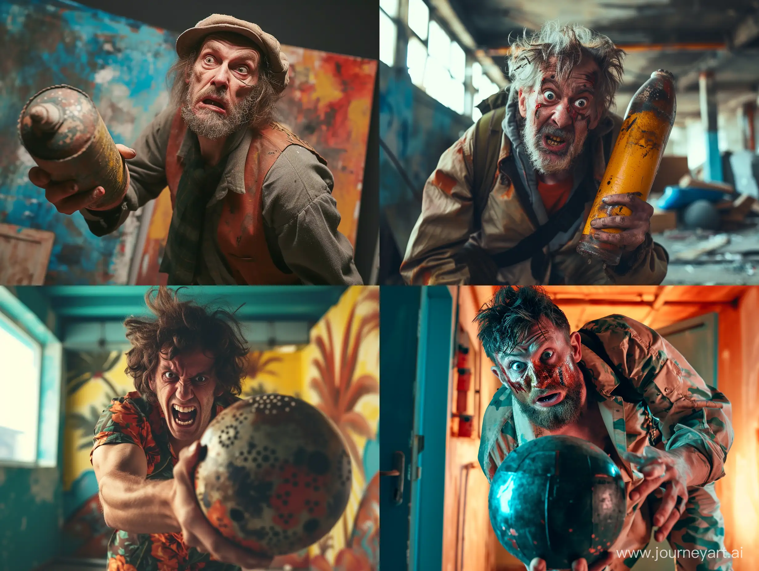 a crazy man holding a bomb , daytime, natural lighting, indoors, vibrant, style raw, 