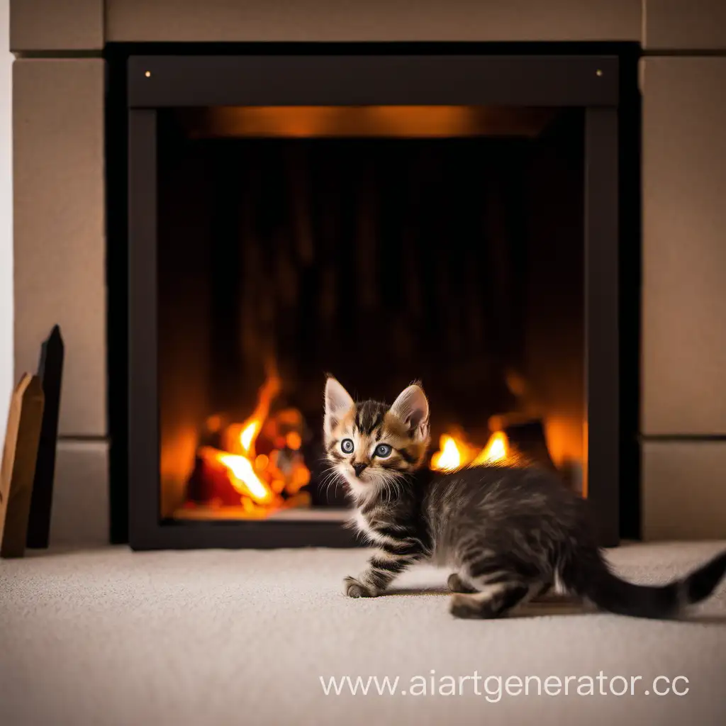 котенок играет с биокамином с живым огнем и ему безопасно