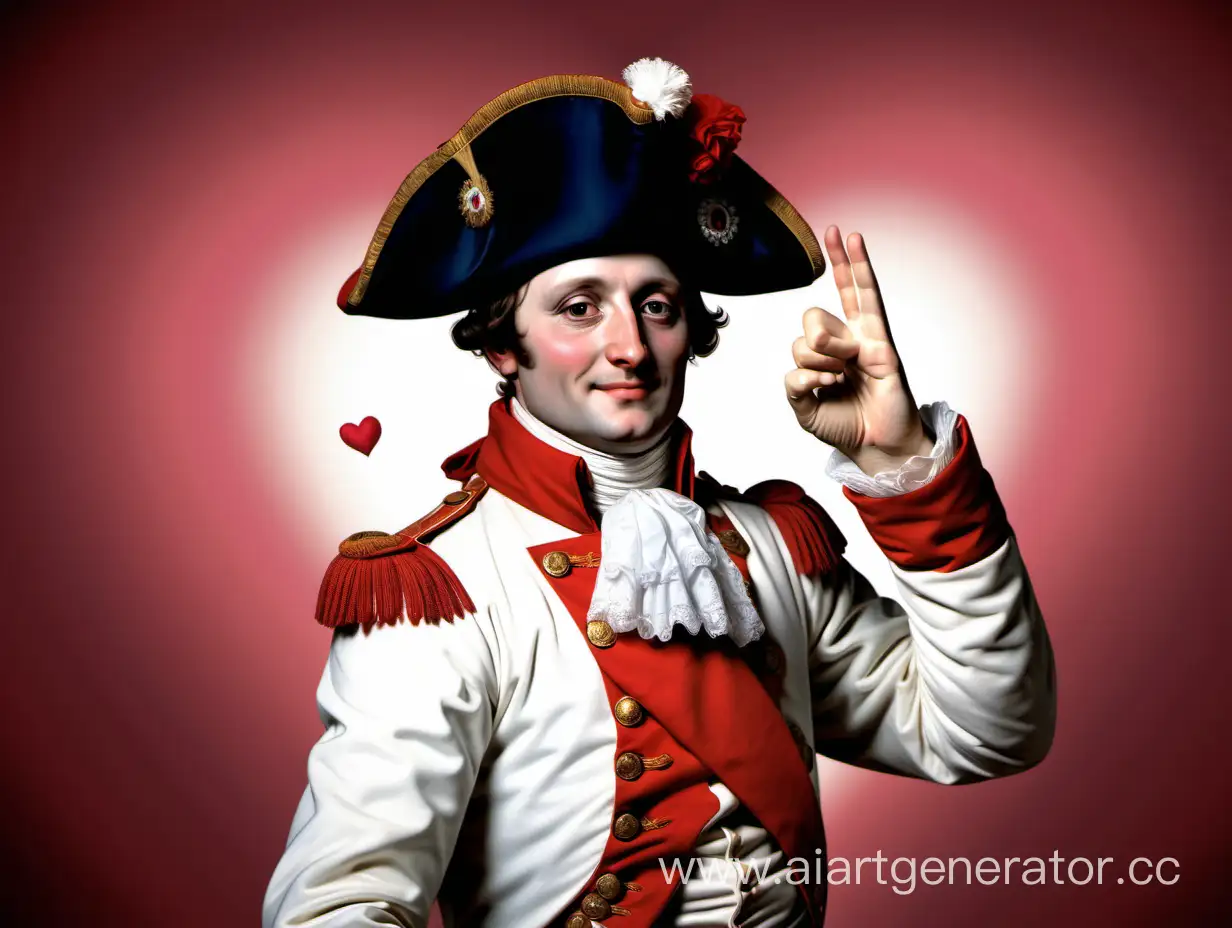 Радостный Наполеон Бонапарт махает рукой на фоне сердечек 
