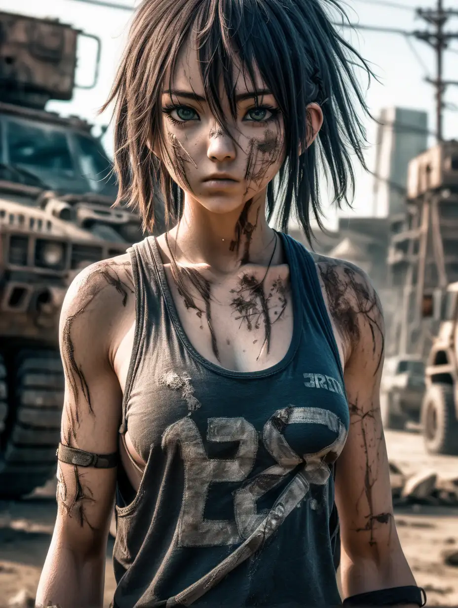 (cinematic lighting), In a post-apocalyptic world, a beautiful resilient anime girl dons a worn tank top, revealing battle scars and determination, as she faces the challenges of survival with a blend of strength and grace, intricate details, detailed face, detailed eyes, hyper realistic photography, --v 5,