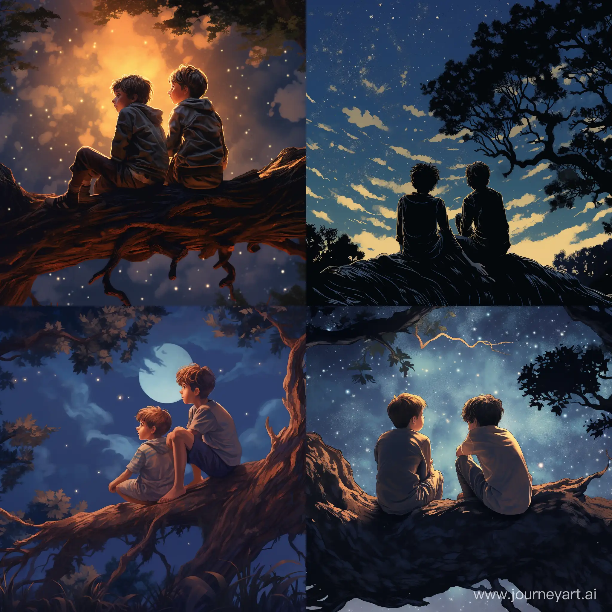 two boys sitting on the tree staring at the night sky, one leans head on the shoulder of another