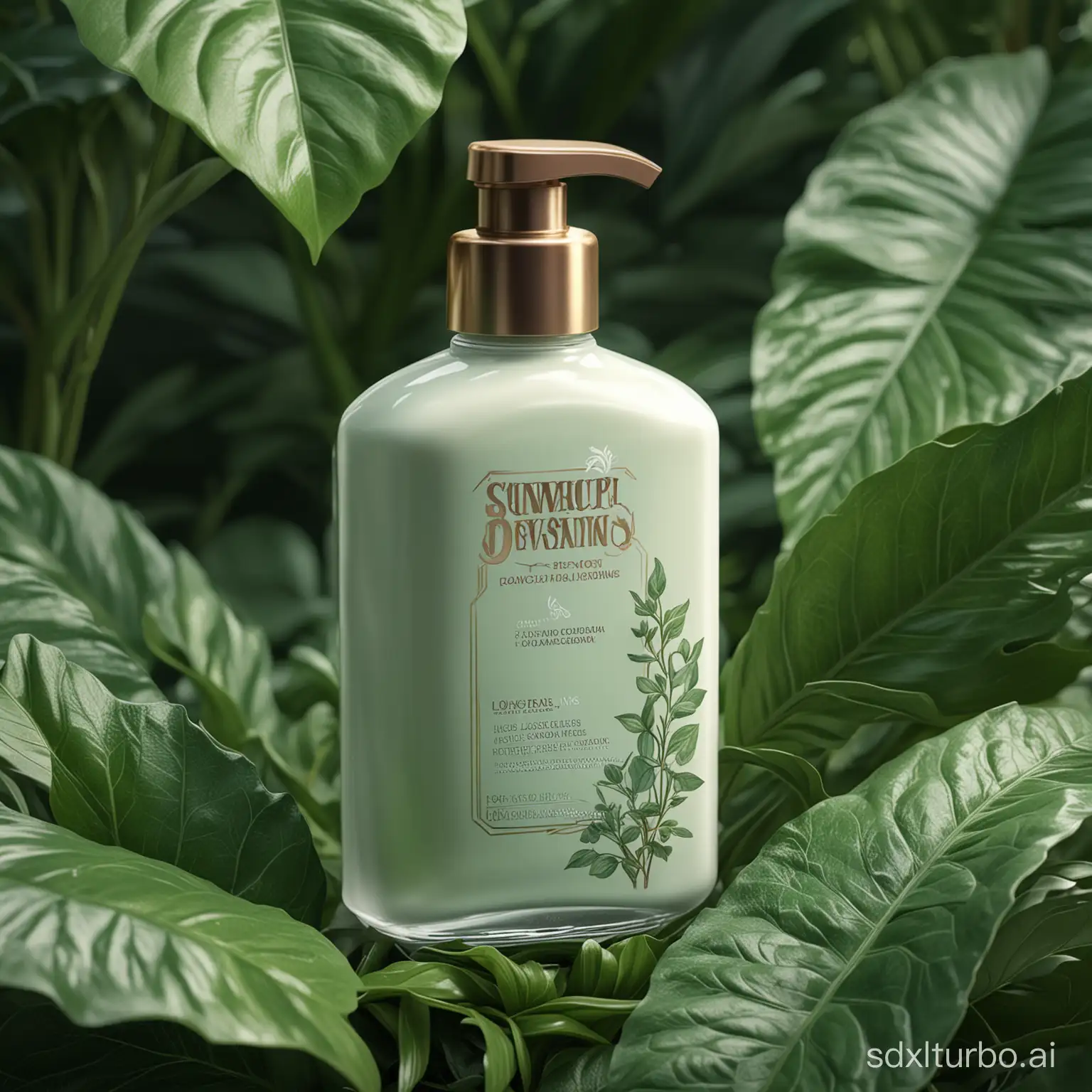 Product photography of lotion bottle on green leaves extremely detailed, professional digital painting, Unreal Engine 5, Photorealism, HD quality, 8k resolution, cinema 4d, 3D, cinematic, professional photography, art by artgerm and greg rutkowski and alphonse mucha and loish and WLOP