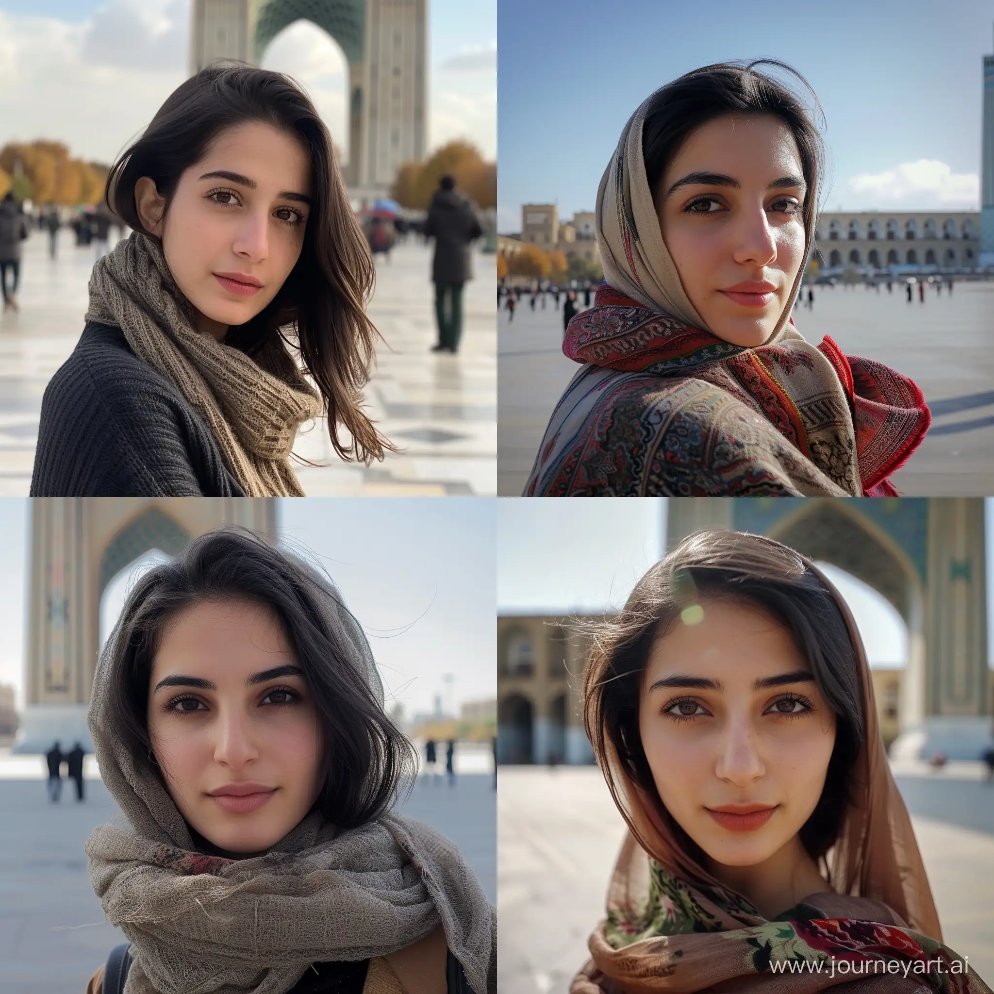 The beautiful Iranian girl is looking directly at the camera and the background is Tehran's Azadi Square