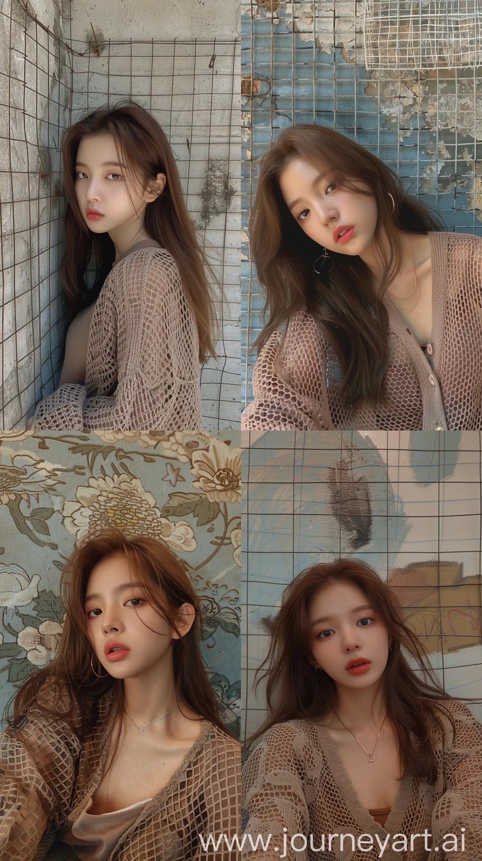 aestethic casual photo, blackpink's jennie, brown hair, wearing cute net cardigan, wall on the background --ar 9:16