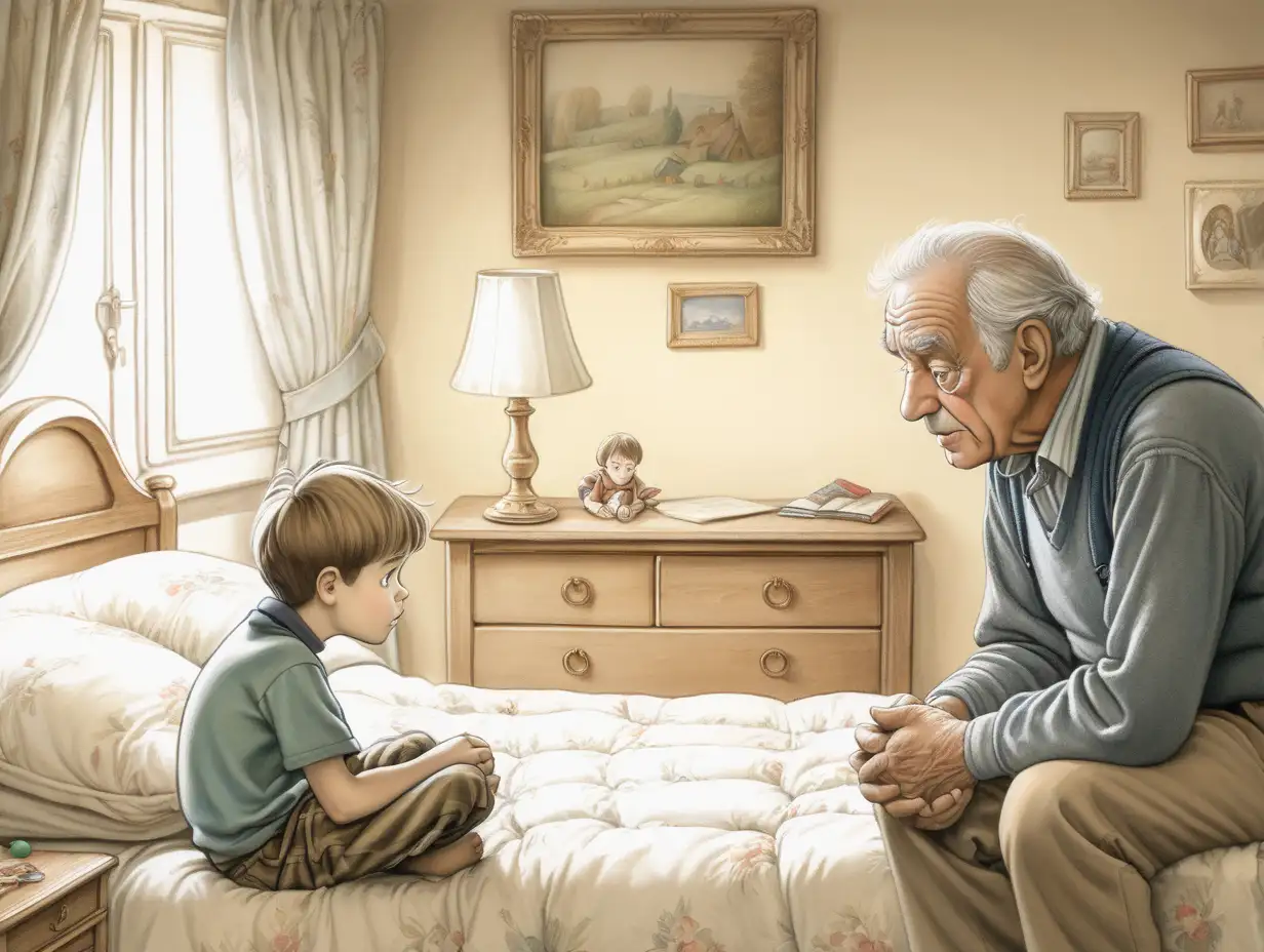 Grandfather talking to a male child of about 10 years old crouching on his bed. The child is sad. In the background you can see the child's bedroom. The style of the picture should be similar to the drawing of a fairy tale that stimulates the imagination, in the style of Waldorf education