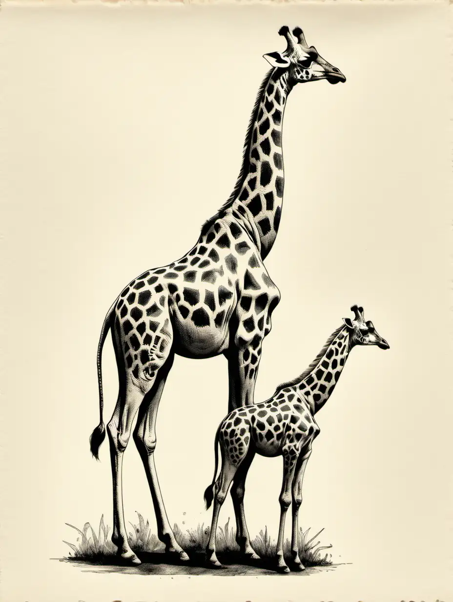 /imagine prompt HAND PRINTED, TALL , GRACEFUL, SPOTTED, MAJESTIC, HERBIVOROUS, SMALL  GIRAFFES