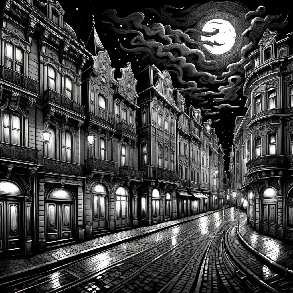 Old town at night Monochromatic art nouveau rococo architecture post-impressionism pop art