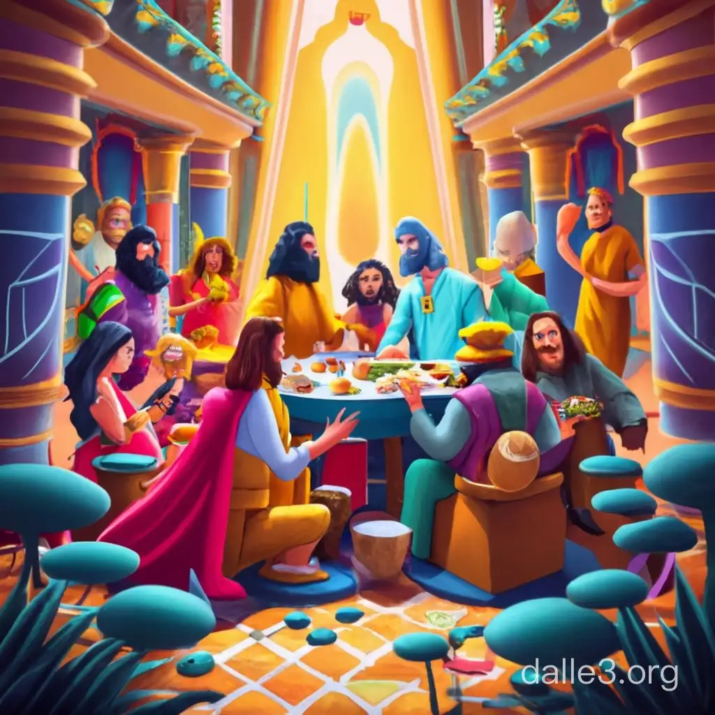 Dall-E, please create a 3D cartoon scene with a Pixar-style rendering, featuring Jesus, Buddha, Lord Shiva, Anubis, Kukulcan, Gandalf, a Viking, a Spartan, Darth Revan, Odin, Zeus, God, Allah, and a mirror gathered around a table. Ensure they are sharing food, drinks, and enjoying music, with a focus on capturing the joyous atmosphere and laughter in a vibrant and lively setting.