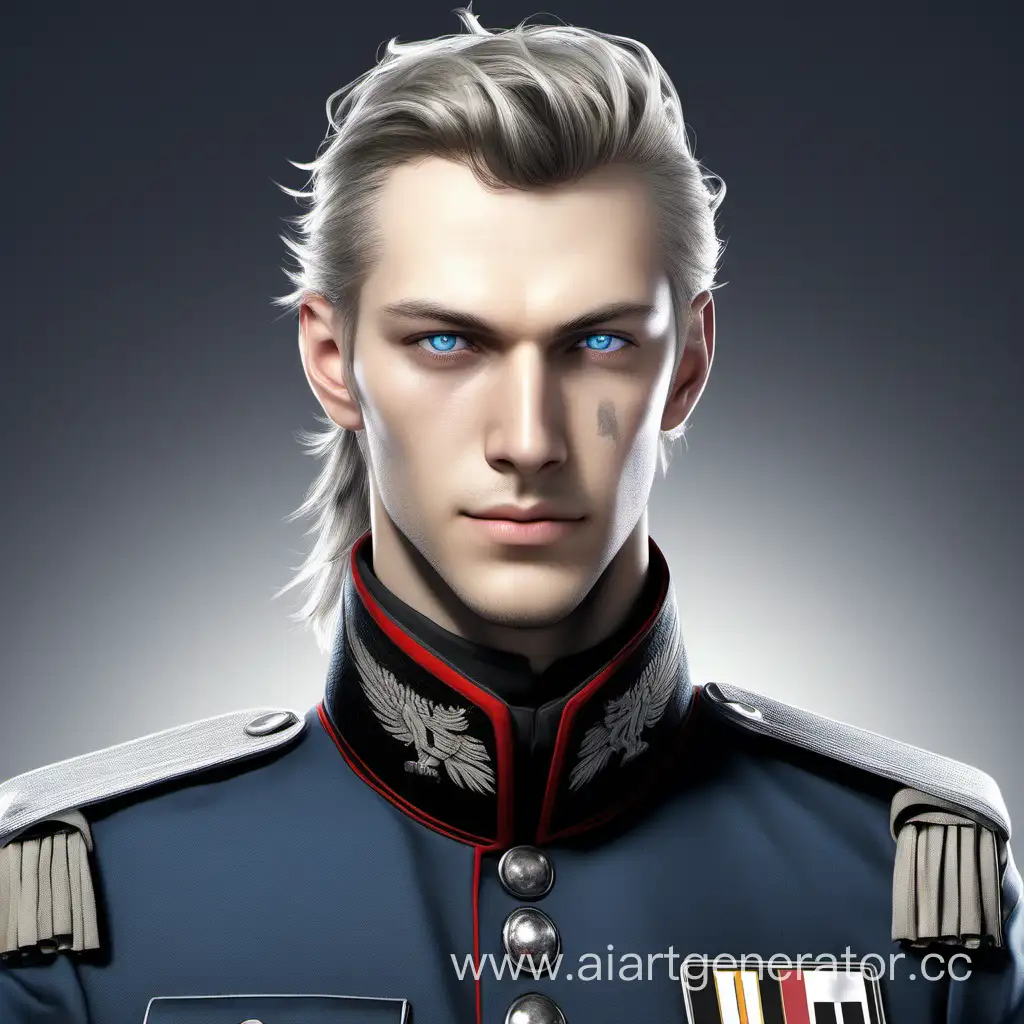 tall, guy, soft features, German, blue eyes, military tactical uniform, ashen hair, below the shoulders, gathered in a ponytail