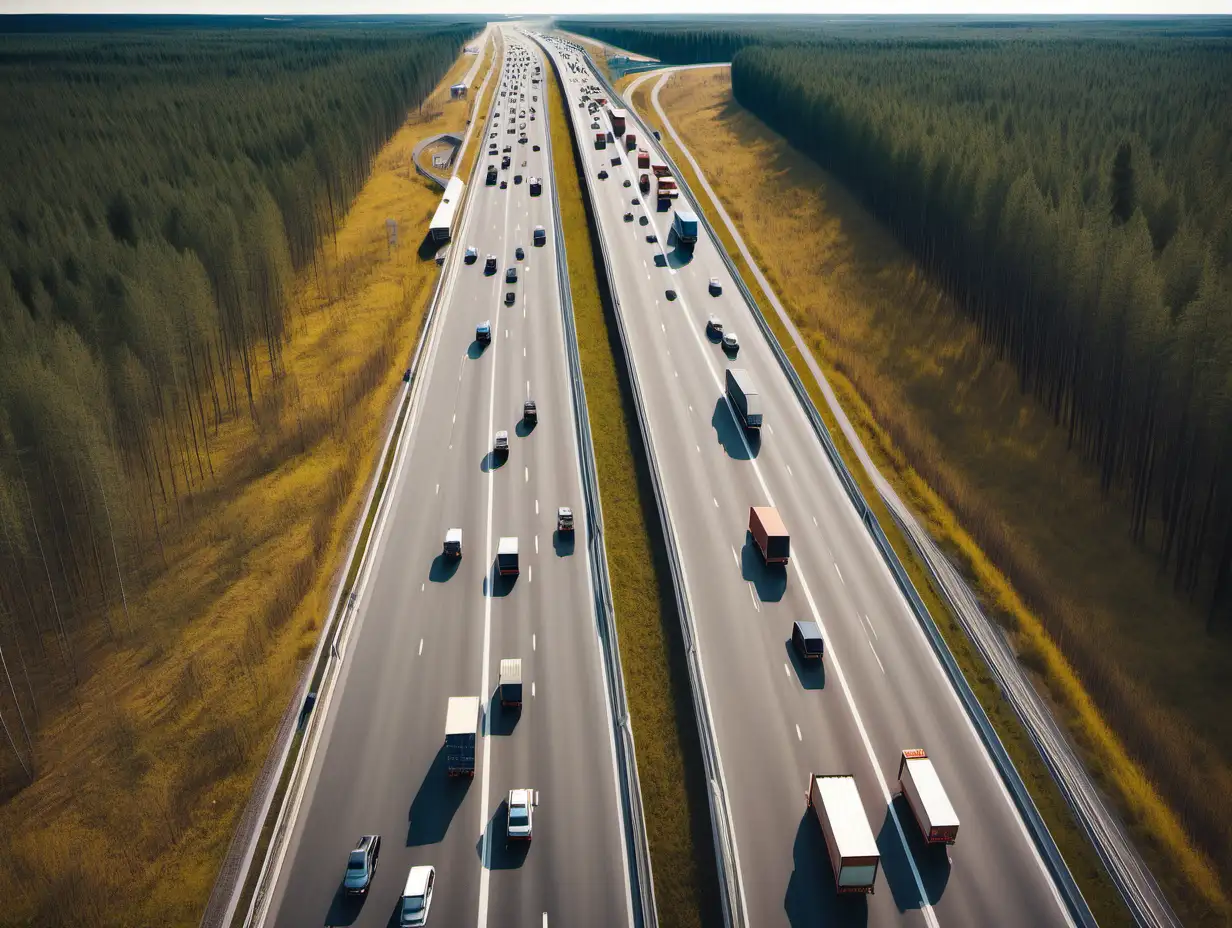 high way with trucks and cars, swedish landscape, busy highway, make it centered