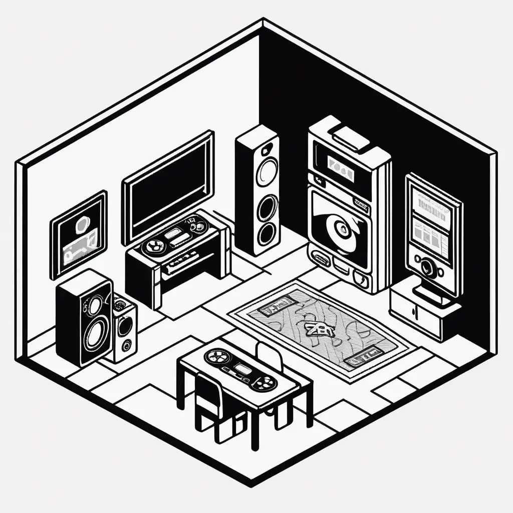 big wide,gaming room from inside icon image to be used in the application logo, big, isometric icon style, black outlines ,black and white, for coloring page, white background, much detail, color it with bright colors