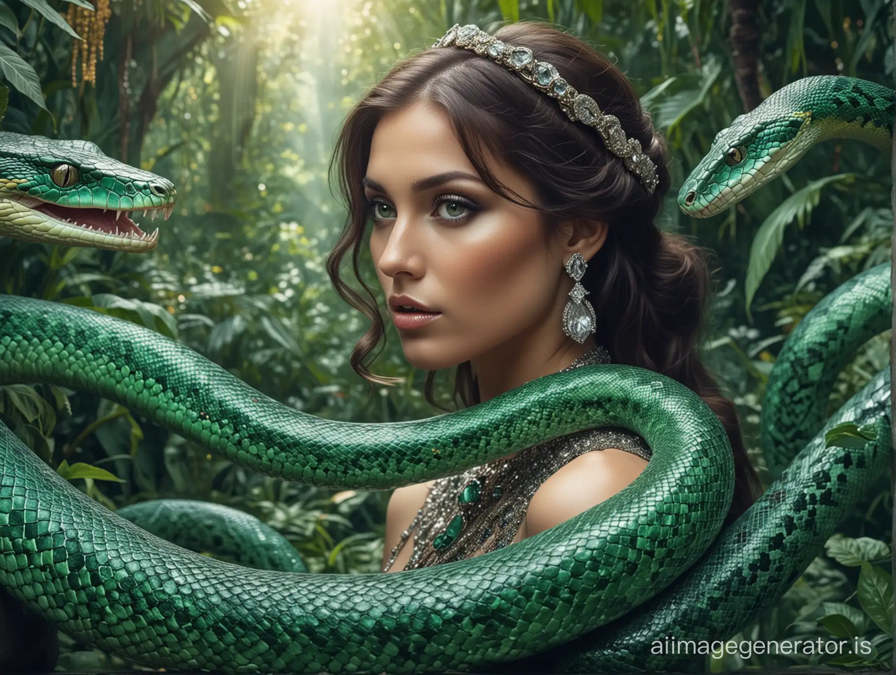 surreal photograph, a beautiful woman looks into the frame with an open face, next to a giant emerald snake, they seem very friendly, the snake has gems and diamonds and its scales glitter, everything is in a fantastic atmosphere, the woman is dressed in very modern clothes, clothes with trim from snakeskin and shiny precious stones, wears a lot of jewelry, the landscape is decorated with precious stones, sparkles and diamonds. —v 6  
