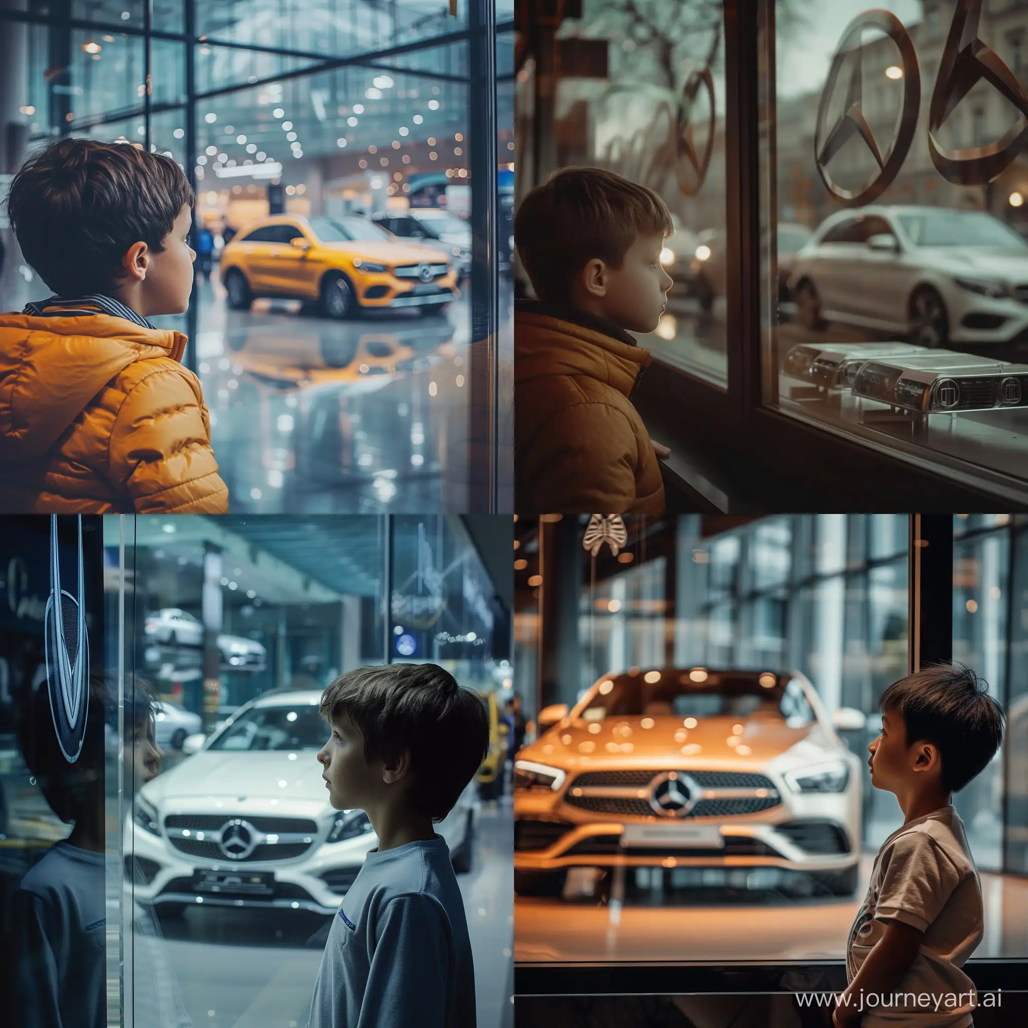 A boy stares at Benz through a car shop window