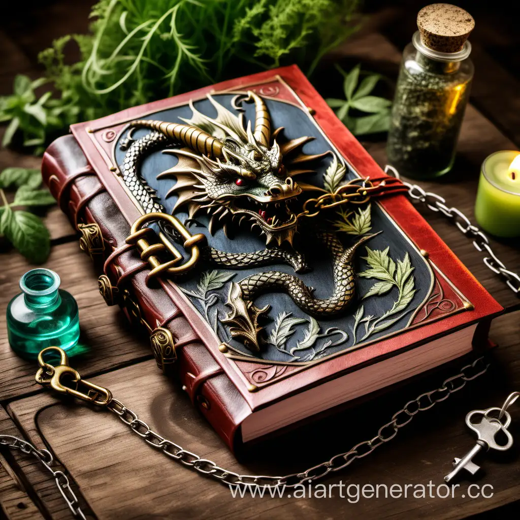 драконий дневник с закладкой, обмотанный цепочкой с замком, на деревянном столе с зельями и травами