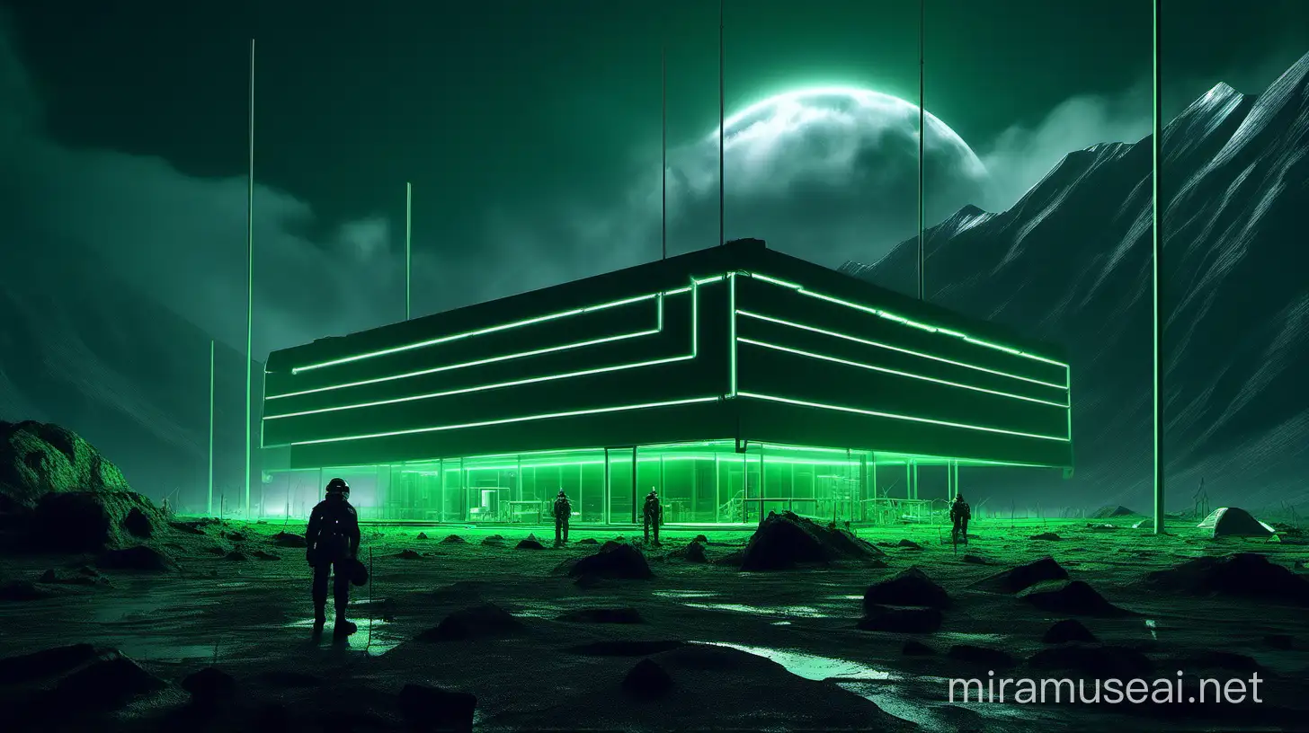 Realistic research centers with one worker around it, green neon and big neon lights inside the part, its color shadow on the floor, Rainy weather, staff in dark green uniforms and helmets, Atmospheric and cinematic, The structure is very big and elongated in the shape of a match and wide, A dark green smoke rose from the research centers environment and spread in the air, The image space is outside the realistic research center, On a big ground outdoors on a night.
with huge satellite antennas,
An big green neon object,
The floor is black and white,
in the Realistic mountains.
atmospheric and cinematic.
The Realistic sky is covered.
3D.