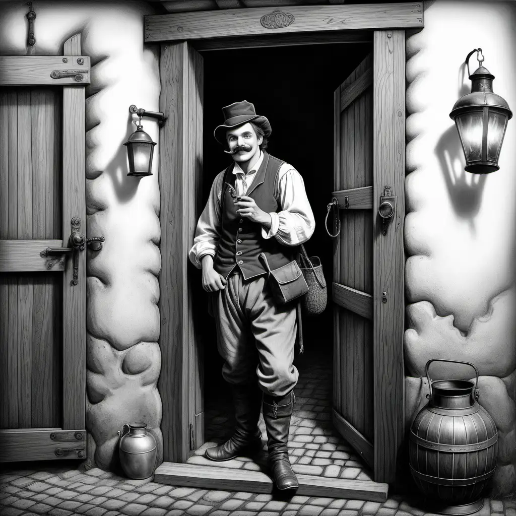a drunk smiling worker dressed in 19th century clothes with mustaches smokes a pipe at the door of a medieval tavern, a kerosene lantern hangs at the entrance, 18th century Latvian small town, Russian Empire, cobbled street, realistic detailed black and white pencil drawing