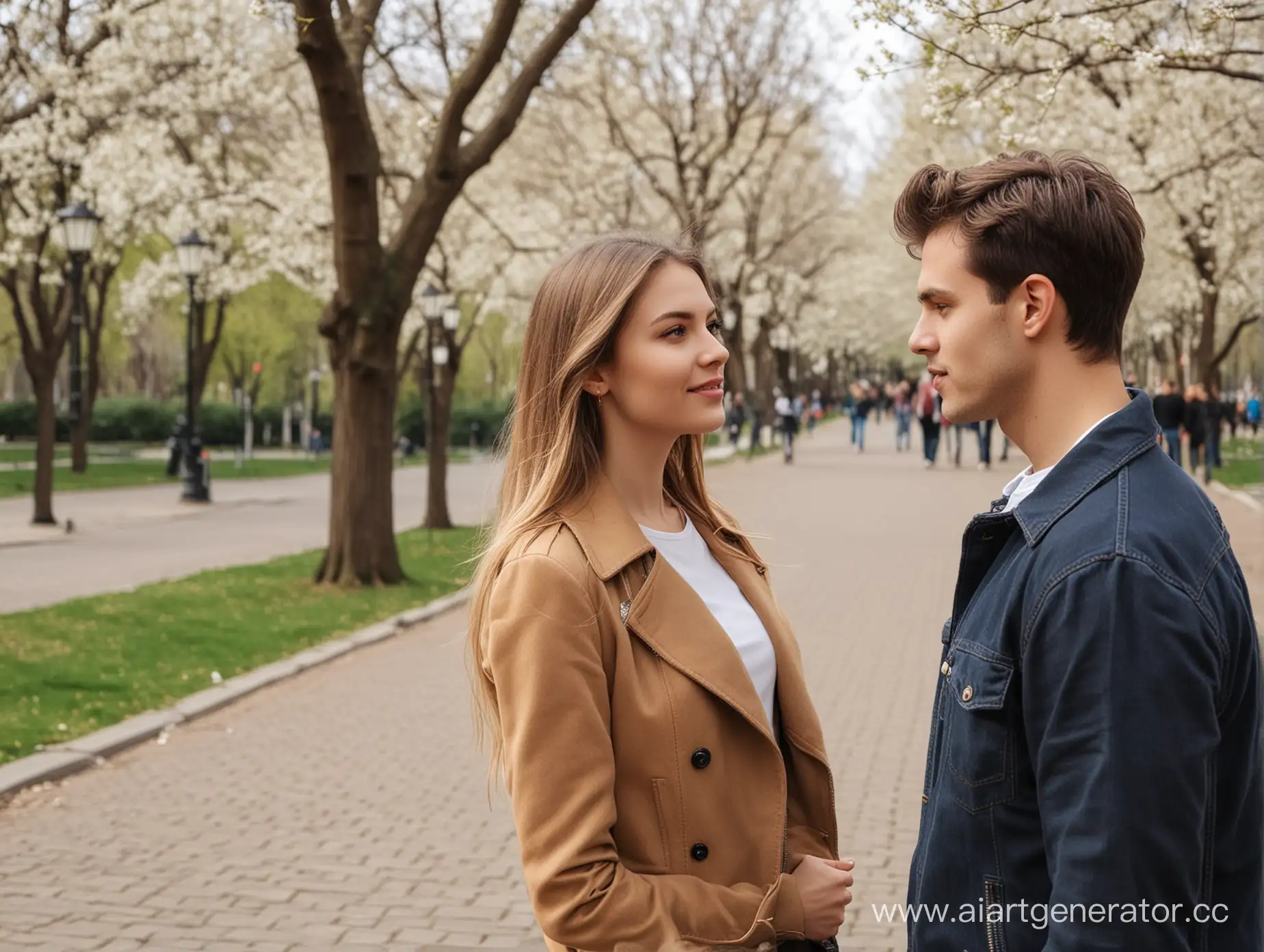 2 models, a beautiful girl listens to a guy, a guy wants to meet her, they talk, street, spring, trees, park